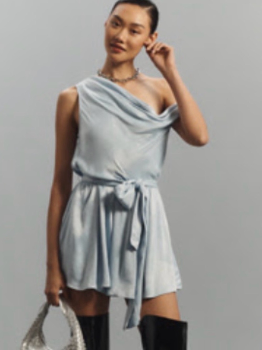 MAEVE OFF-THE-SHOULDER DRAPED
BELTED SATIN PLAYSUIT